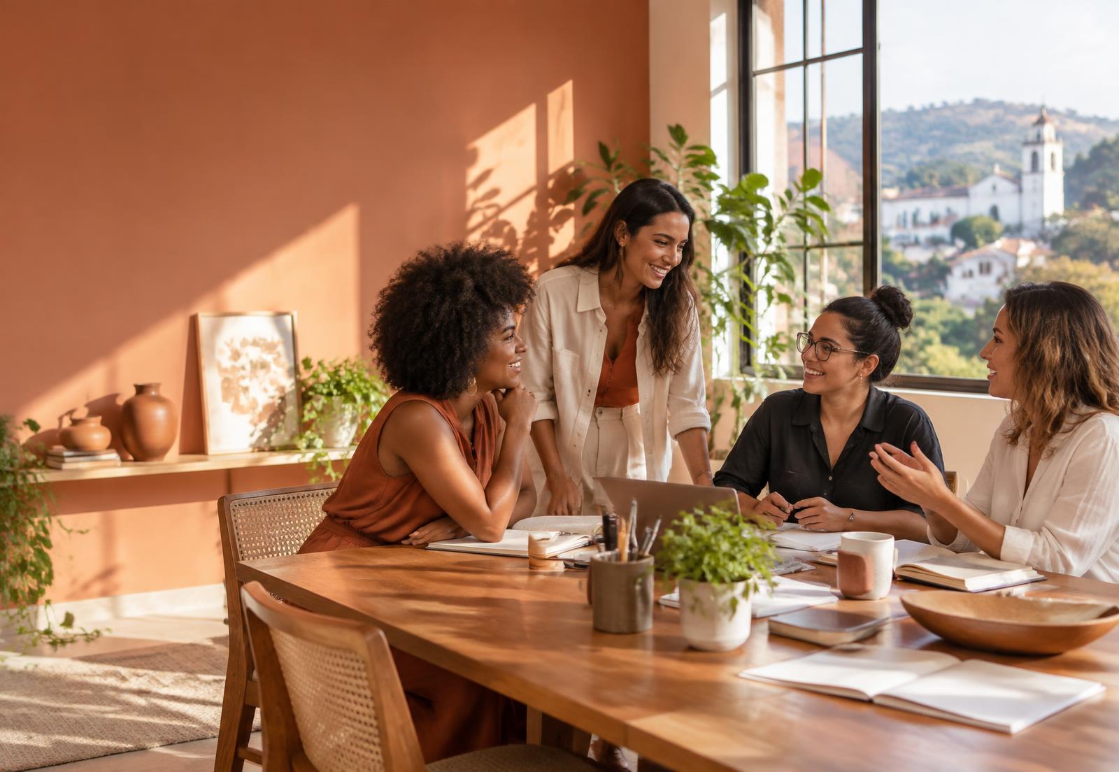Mulheres empreendedoras reunidas em um espaço acolhedor